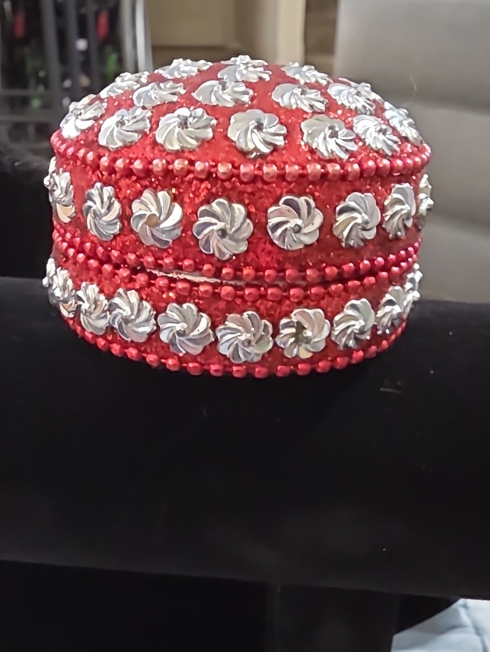 Red Beaded Round Jewelry Box with Silver Floral Accents